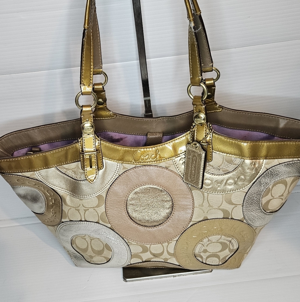 Coach Carly F16180 Vintage Tote – Y2K Metallic Patchwork Logo Canvas Purse, Gold